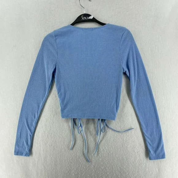 Fashion Nova Crop Top Women's Sz M Blue Ribbed Knit Fitted Long Sleeve Stretch - Picture 2 of 10